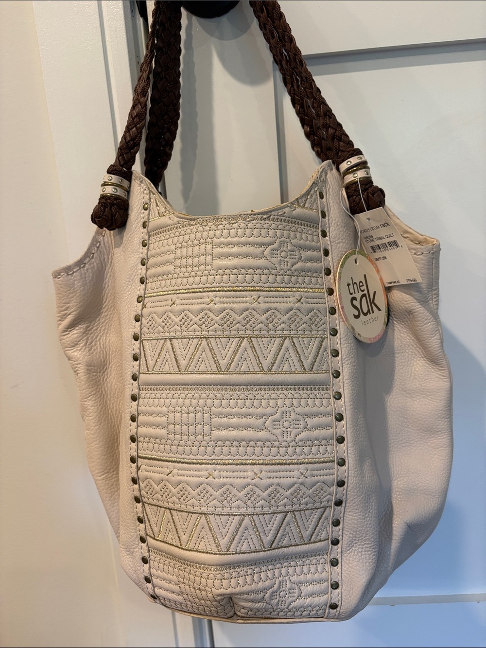 The Sak Cream Leather Shoulder Bag with Brown Braided Handles NWT
